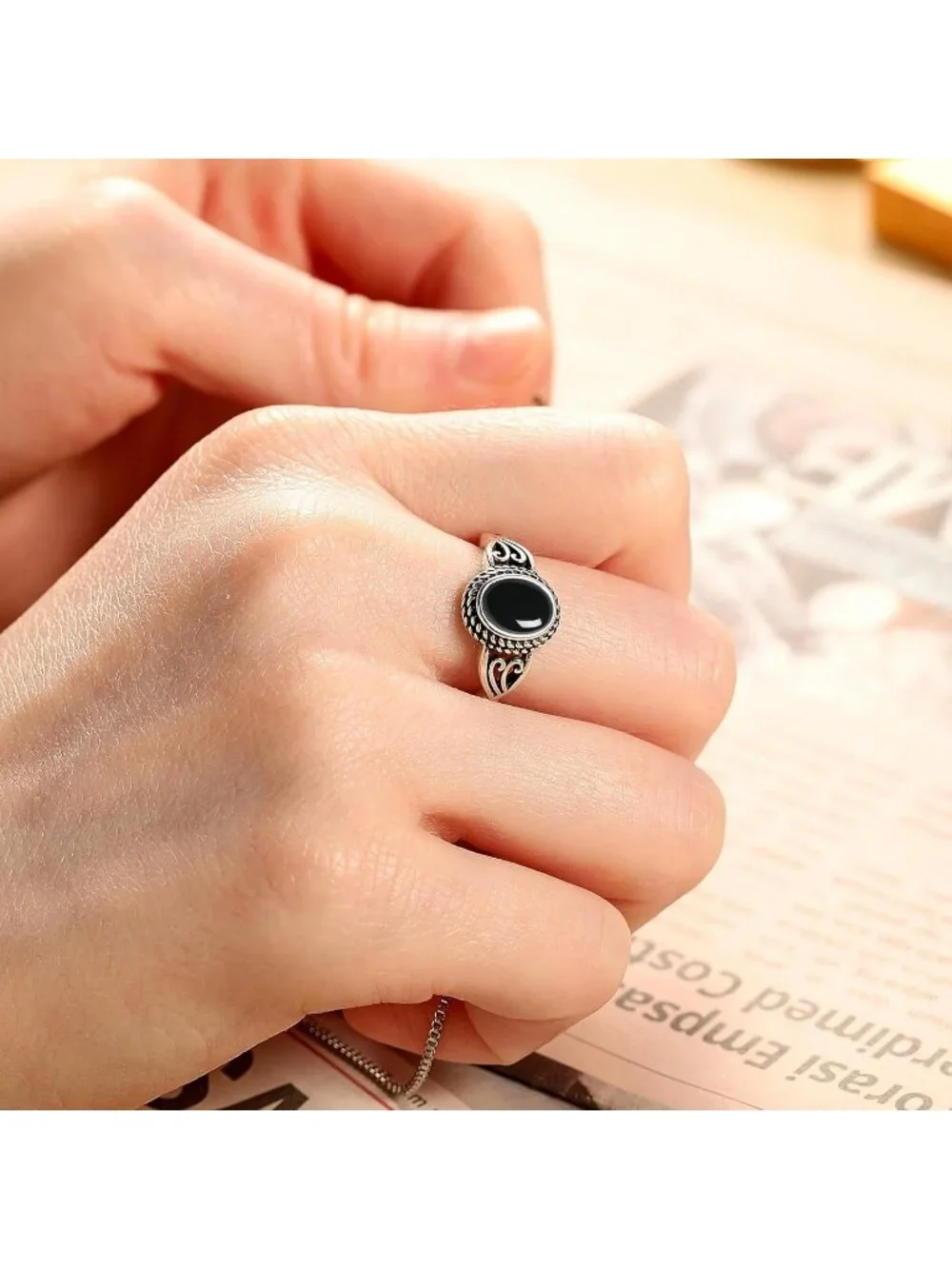 Women's Black Onyx 925 Sterling Silver Oval Adjustable Natural Stone Ring